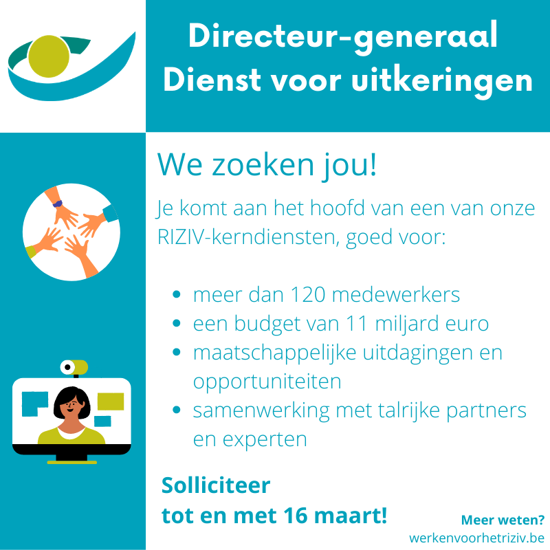 RIZIV_INAMI's tweet photo. #topjob #managementjob Tackle samen met ons de actuele uitdagingen rond #arbeidsongeschiktheid en #invaliditeit en sta binnenkort aan het hoofd van onze Dienst voor #uitkeringen! #socialezekerheid Solliciteren kan tot en met 16 maart. #succes #welkom https://t.co/4zkMP7NqF9 https://t.co/OzcXDO1Usm