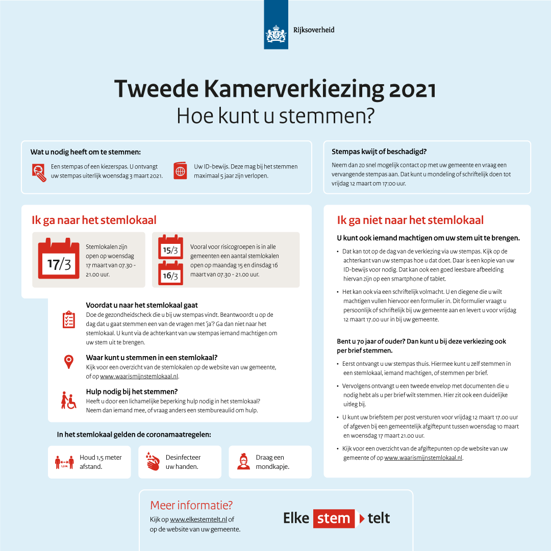 Op 17 maart 2021 zijn er verkiezingen voor de Tweede Kamer. Dit zijn de mogelijkheden om te stemmen.
Informatie ook op meppel.nl/verkiezingen.