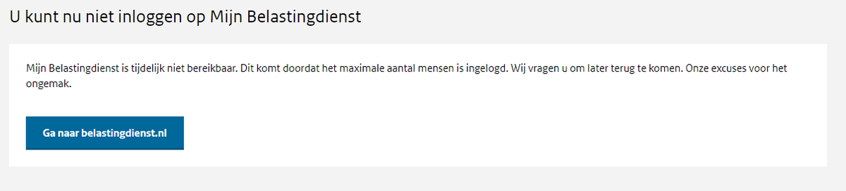 Het blijft een zooitje bij de <a href="/Belastingdienst/">Belastingdienst</a>.
Na 3 dagen nog steeds onmogelijk om in te loggen in je omgeving.