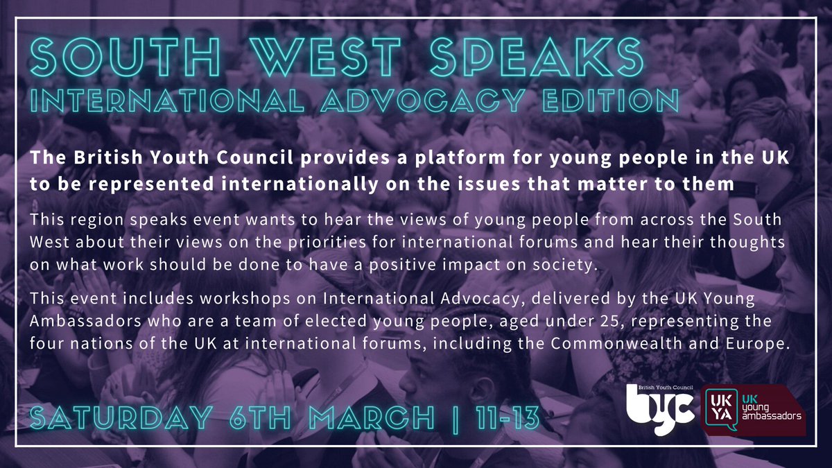 South West Speaks is taking place this Saturday! 

Give your views on what work should be done to positively improve society and what the priorities should be for international forums.

📅 Sat, 6 March
🕚11am to 1pm

If you want to attend, sign up here 👉eventbrite.co.uk/e/south-west-s…
