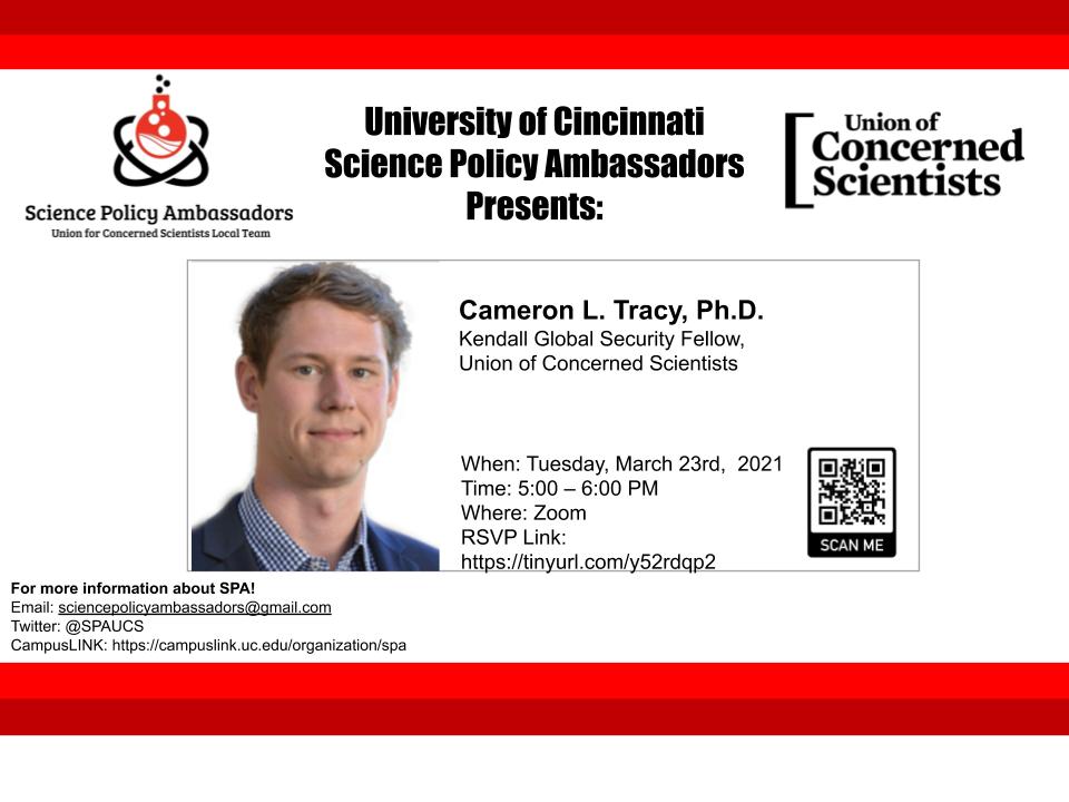 UC Science Policy Ambassadors (@spaucs) on Twitter photo 🗓️SAVE THE DATE for our next speaker event on March 23rd @ 5 pm ET with Dr. Cameron Tracy‼️ This is an open event ☺️ SIGN UP HERE NOW👉tinyurl.com/y52rdqp2 <a href="/SciNetUCS/">The Science Network</a> <a href="/UCSUSA/">Union of Concerned Scientists</a> @GradSchoolUC #scicomm 🗓️SAVE THE DATE for our next speaker event on March 23rd @ 5 pm ET with Dr. Cameron Tracy‼️ This is an open event ☺️ SIGN UP HERE NOW👉tinyurl.com/y52rdqp2 <a href="/SciNetUCS/">The Science Network</a> <a href="/UCSUSA/">Union of Concerned Scientists</a> @GradSchoolUC #scicomm
