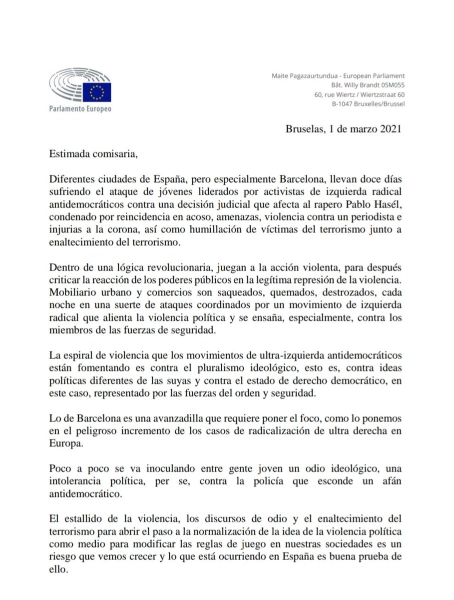 maitepagaza's tweet photo. Advertencia enviada a las instituciones europeas.  La oleada de extremismo violento en Cataluña es una señal del aumento de la radicalización ultra-izquierdista antidemocrática en Europa. Deben analizar a fondo esta amenaza, con la implicación de Europol. https://t.co/2OvgDtM7fN