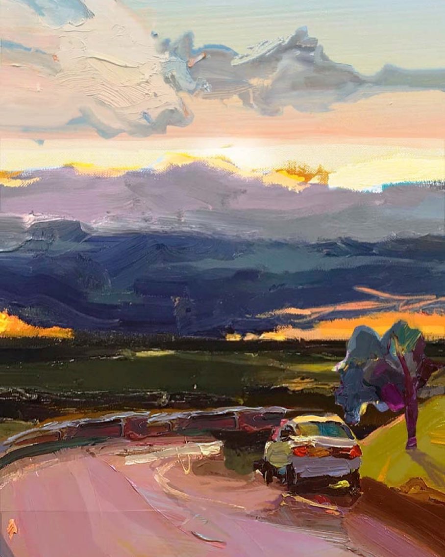 RClaremont's tweet image. Lost in the countryside. I stopped to look at the map in the glow of the fading light. “Roadside”, 35X45cm, oil on board.

#painting #artgallery #australian #creative