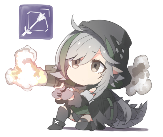 tomimi (arknights) 1girl solo tail hood crocodilian tail grey hair chibi  illustration images