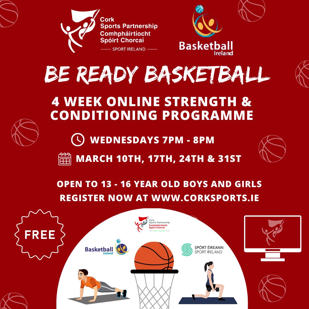 📣🏀 NEW Be Ready Basketball Programme 🏀📣

<a href="/CorkSports/">Cork Sports Partnership</a> &amp; <a href="/BballIrl/">Basketball Ireland</a> are delighted to launch the New 'Be Ready' 4 Week Fun Online Basketball Strength Programme!

📅 Wed, 10th March (4 Wednesdays)
⏰ 7-8pm
✅ Free
🙋‍♀️ Boys &amp; Girls Aged 13-16

ℹ corksports.ie/be-ready-baske…