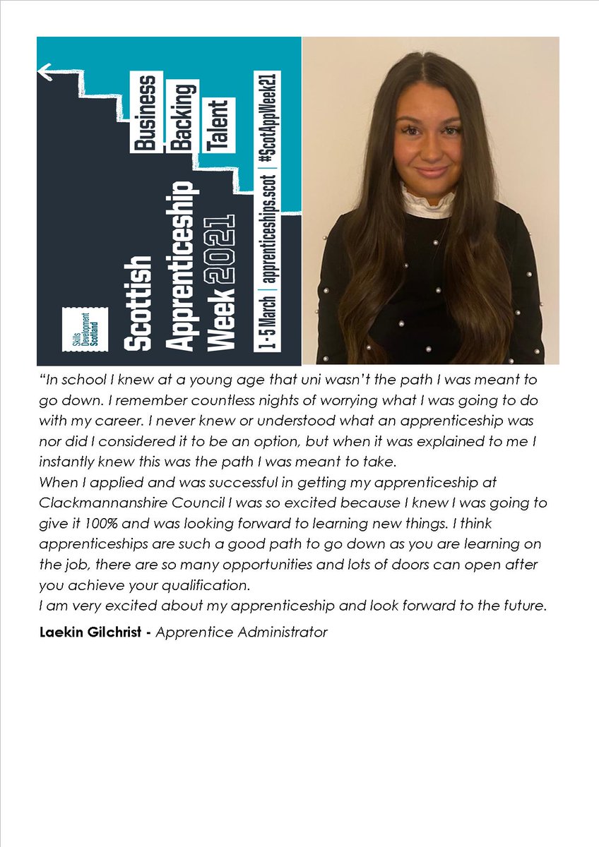 clacksworks's tweet photo. When I was successful in getting my apprenticeship at @ClacksCouncil I was so excited because I knew I was going to give it 100% &amp; was looking forward to learning new things.  Apprenticeships are a good path to go down as you are learning on the job
Laekin Gilchrist -  Admin https://t.co/CCAMfi9mBO