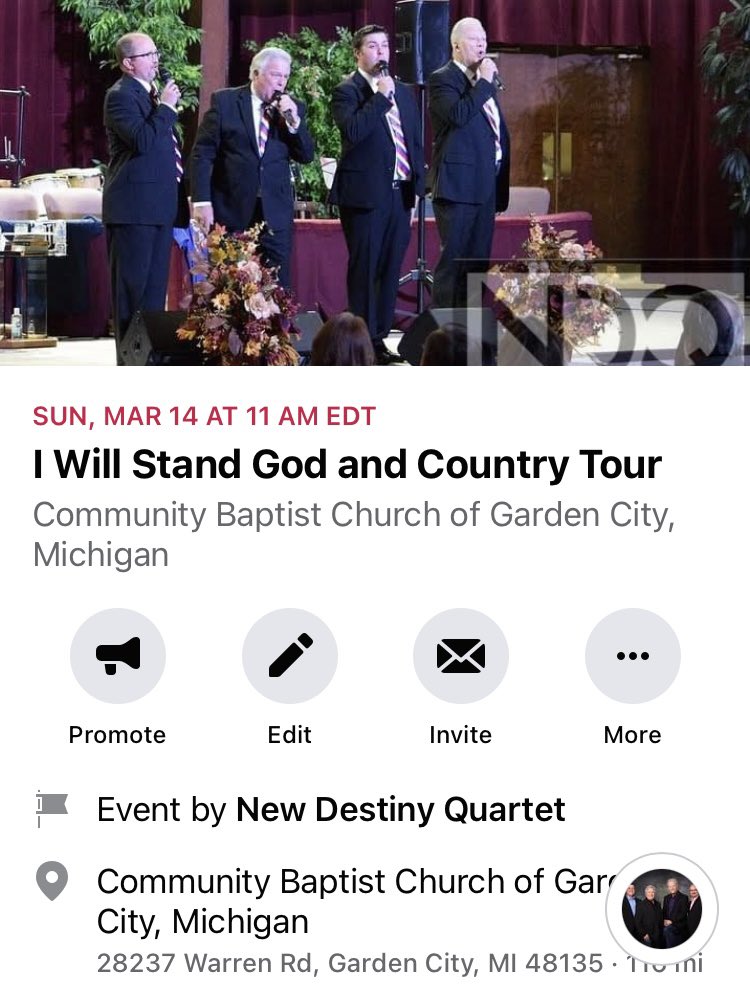 NewDestinyQt's tweet photo. Less than two weeks away!? Time flies! Make plans to join us for fellowship, great music and God’s Word in song‼️
#GodsWord #newdestinyquartet #bethelight #bible #gospelmusic #hymns #freedandforgiven #IWillStand https://t.co/XxV74rip5S