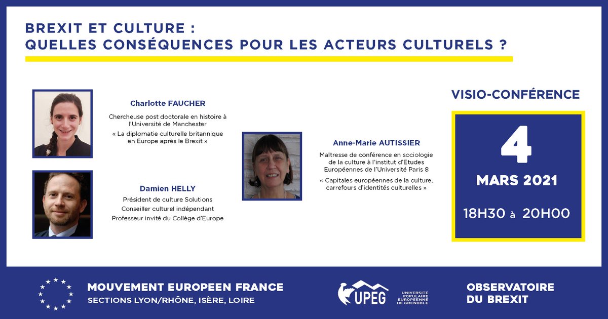 A 18h30 notre quinzaine du Brexit prend fin avec l’avenir des relations culturelles entre 🇪🇺et 🇬🇧 avec Charlotte Faucher, Damien Helly et Anne-Marie Autissier. En partenariat avec l’Observatoire du Brexit, ME Loire et Isère et l’UPEG.
Pour vous inscrire 👇
docs.google.com/forms/d/e/1FAI…