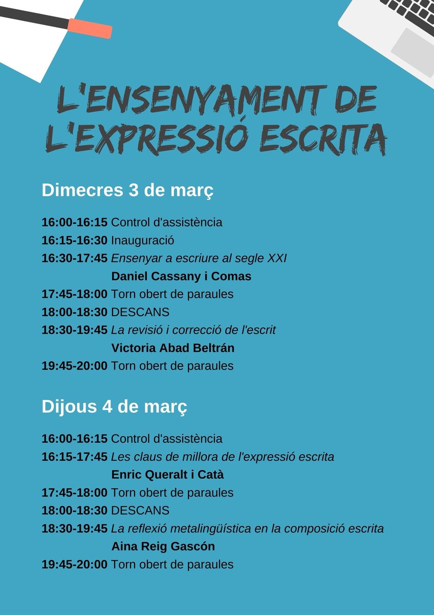🗣️A les 16:00 comencem la primera sessió 🖥️Webex de les jornades 'L' ensenyament de l'expressió escrita'.

✅ Amb la participació de <a href="/dancassany/">Daniel Cassany</a> i <a href="/VictoriaAbadBel/">Victoria Abad Beltrán</a>

➡️ Deixa'ns el teu comentari amb l'etiqueta #ExpressioEscritaGandia

<a href="/GVA_Cefire/">Formació, Innovació i Recursos per al Professorat</a> <a href="/CEFIREambitPLG/">Àmbit de Plurilingüisme</a>
#CEFIREGandia