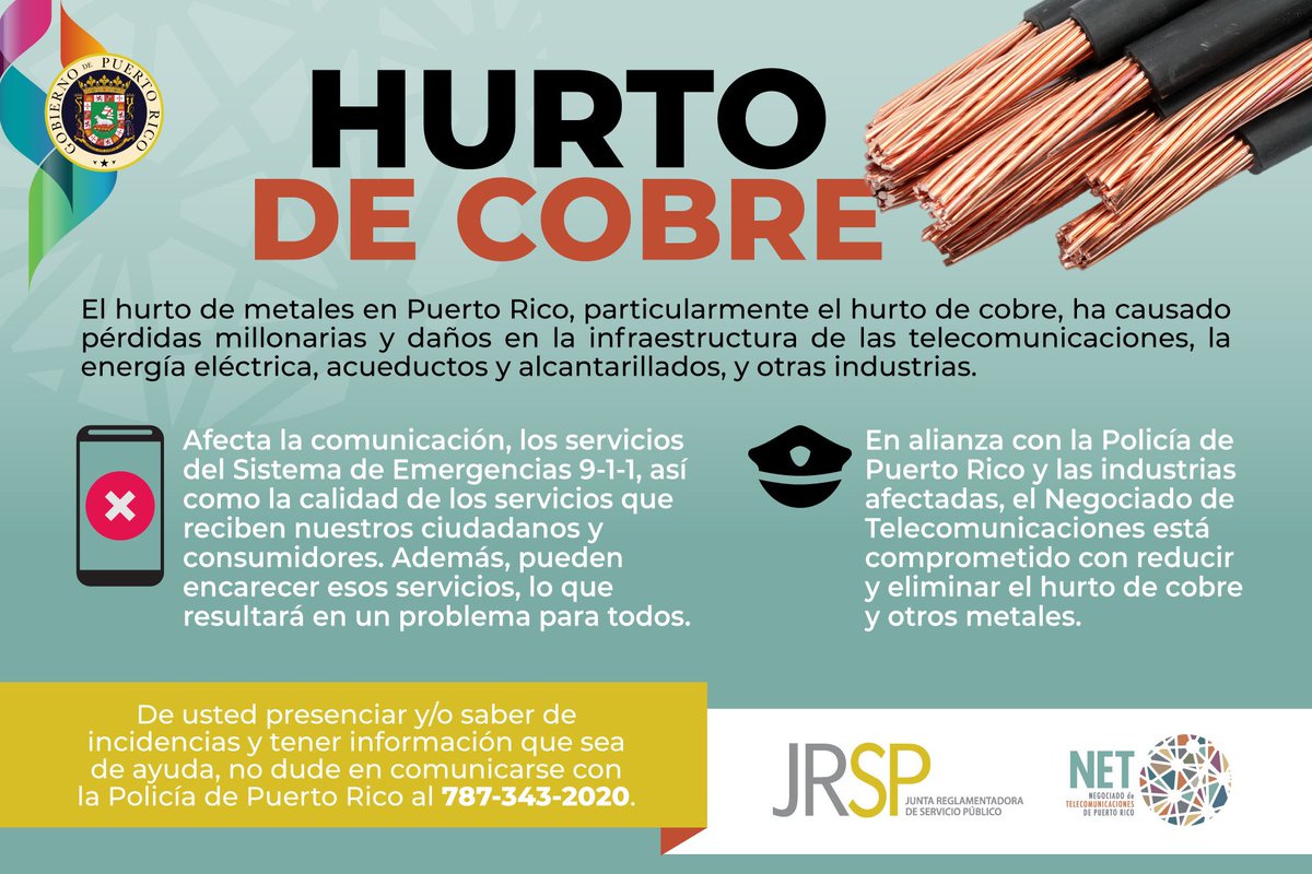 NETPRonline's tweet photo. Conoce cómo afecta el hurto de cobre los servicios esenciales que recibes
📱💦💡
La Ley 41 prohíbe el robo de metales como cobre, aluminio, estaño o plomo. Es un delito. Si tiene información que sea de ayuda a las autoridades, llame al 787-343-2020. #NETteOrienta https://t.co/cjt9BJl1za