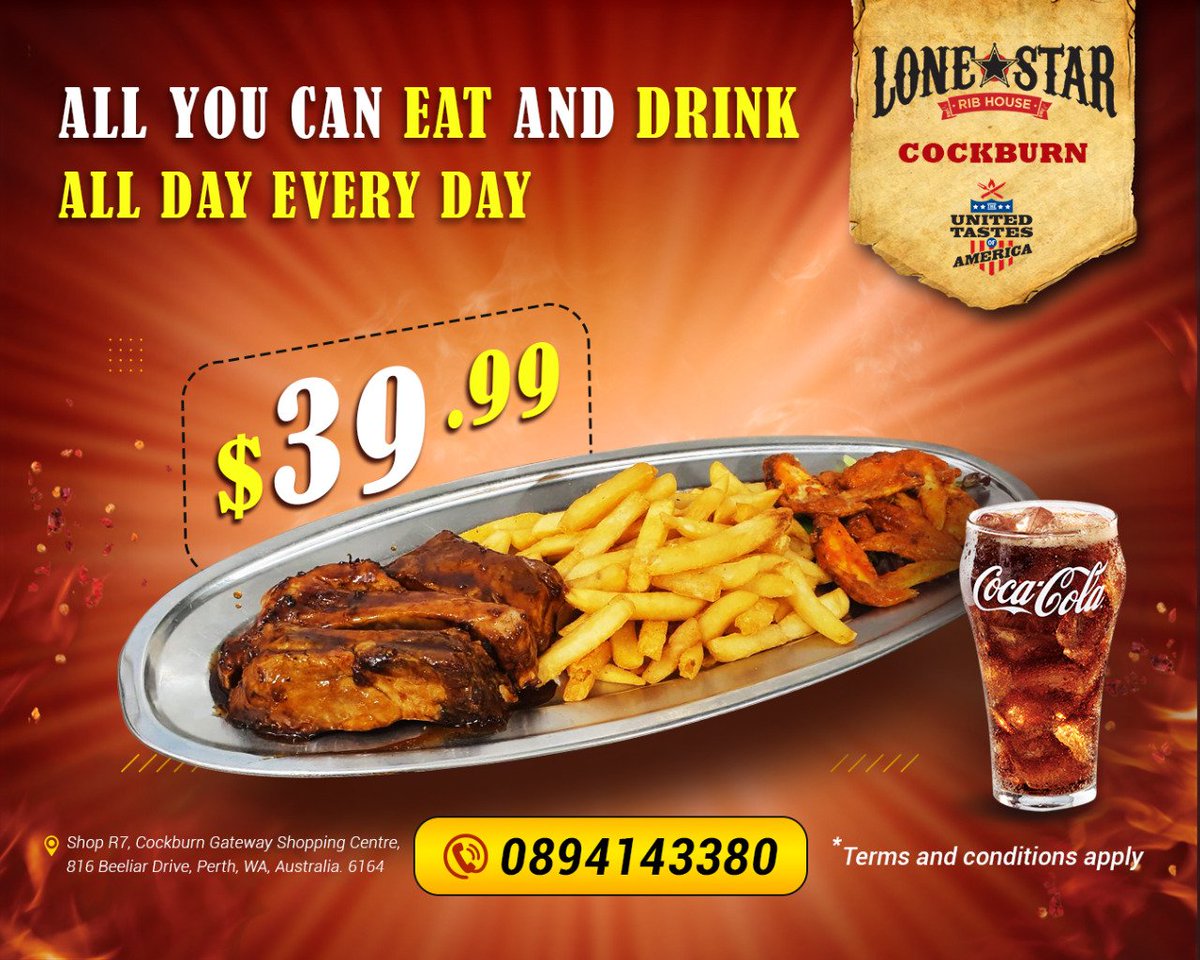 🎉🎉All you can drink &amp; eat ribs, wings and chips.🎉🎉
All Day Every Day
👌❤️😍
👉 lonestarribhousecockburn.com. Reserve your table: Call on📞 0894143380
Visit us!
Shop R7, Cockburn Gateway Shopping Centre, 816 Beeliar Drive, Perth, WA, Australia. 6164
#meatypork #delicious #porkribs