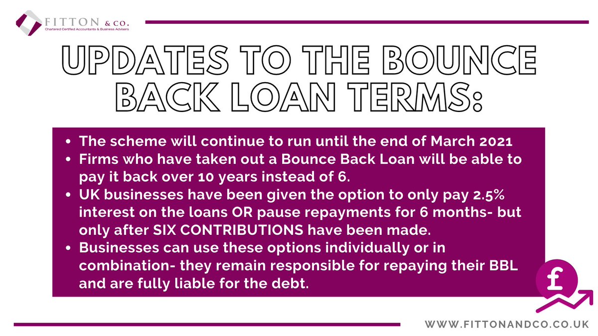 We thought we'd bring you some key updates on the #BounceBackLoan terms! 😃

If you have any further questions, don't hesitate to get in touch or head to this link for more information and to apply:
gov.uk/guidance/apply…

#ukaccountancy #yorkshire #HebdenBridge #FittonAndCo