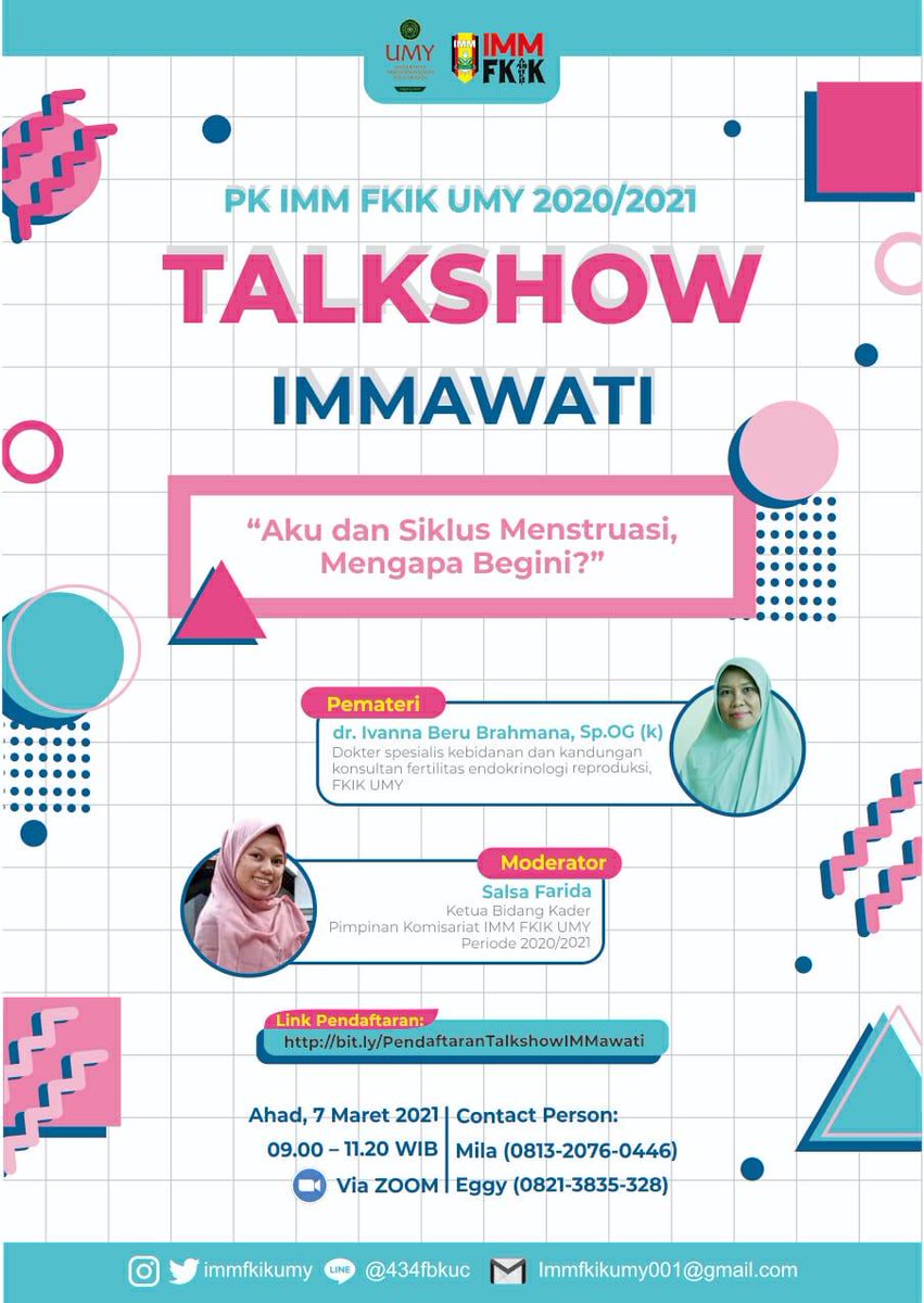 Kami mengajak teman-teman untuk mengikuti serangkaian acara TALKSHOW IMMAWATI yang akan diselenggarakan pada :

Ahad, 7 Maret 2021
09:00 - Selesai
Via Zoom Meeting

Segera daftarkan diri kalian melalui link berikut: bit.ly/PendaftaranTal…