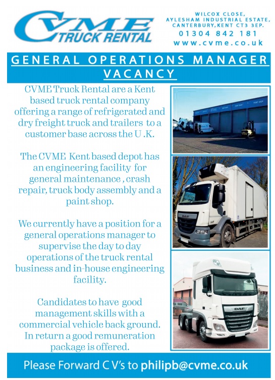 Kent-based CVME Truck rental are currently seeking to fill the vacancy of a General Operations Manager, good remuneration package offered. #ad