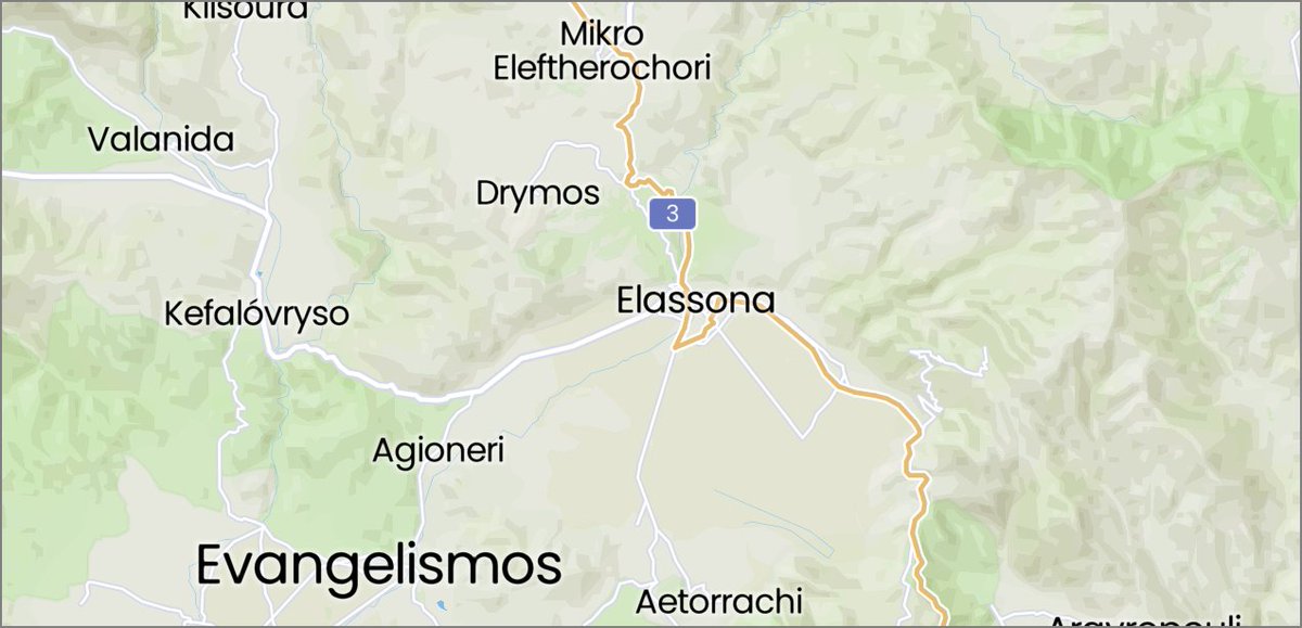 4. You see, when I found Elassona, I switched to the Satellite map and thought Elassona was located to the south of the freeways, which would be outside of the earthquake zone. And I've learned, "where the earthquake is - precisely! - is what matters."