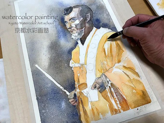 5.顔も法衣もザックリと色を置いて行きます。#Watercolor #スケッチ #水彩画 #淡彩略画 #動物画 #風景画 #透明水彩 #京都水彩画塾  #水彩画ワークショップ  #水彩画教室  #京都の絵画教室 