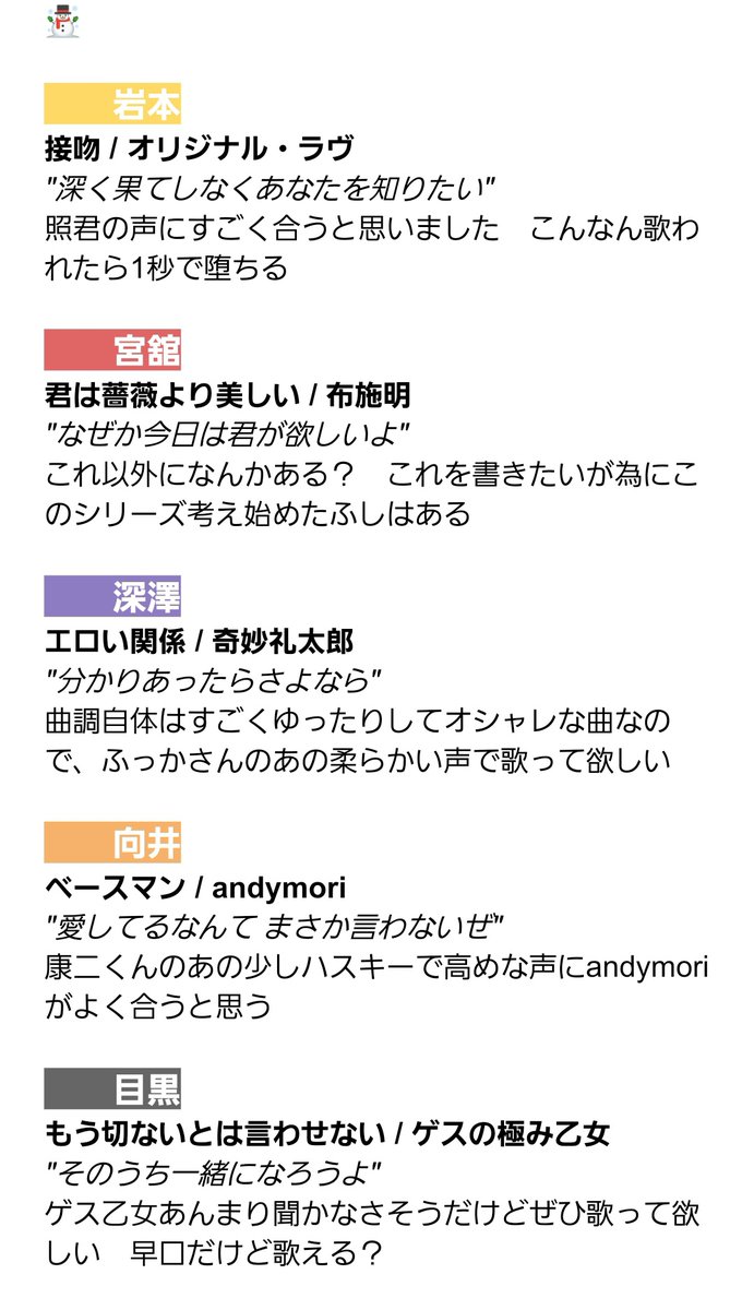 わっ On Twitter 9雪で妄想 雪男で妄想 6音で妄想 彼氏の がカラオケデートで歌いそうな曲 聞いてそうな曲 だったり 歌い方声質に合うものだったり ただ単に歌って欲しい曲だったりを独断と偏見で選びました 各担さん是非聴いて下さい Https T Co