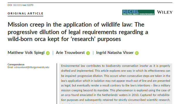 In their #OpenAccess paper, <a href="/MatthewSpiegl/">Matthew Spiegl</a>, <a href="/Arie_Trouwborst/">Arie Trouwborst</a> &amp; <a href="/OrcaIngrid/">Dr Ingrid N. Visser (PhD)</a> use one orca's journey from rescue to permanent captivity as a case study for tracing the progressive dilution of legal requirements relating to #wildlife conservation. #WWD2021 

👉bit.ly/3bTRZI4
