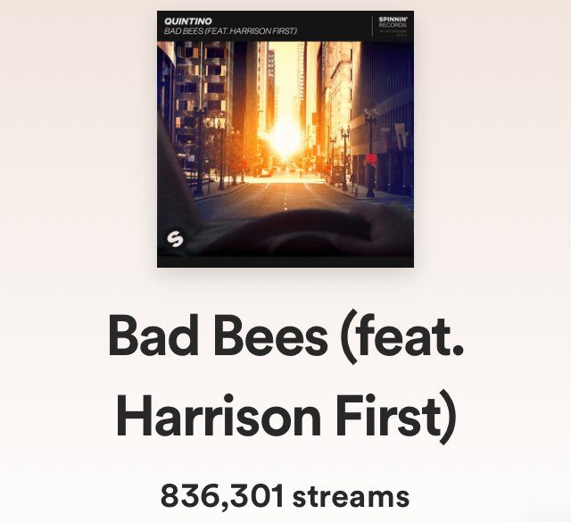 harrisonfirst's tweet photo. Wow #BadBees is on its way to 1,000,000 streams on Spotify in less than 60 days. I’ll let you know when we hit ☺️😊🙏 https://t.co/kW42mALL3q