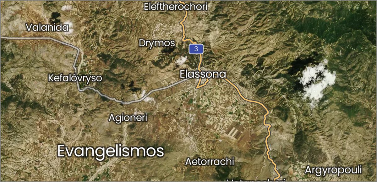 4. You see, when I found Elassona, I switched to the Satellite map and thought Elassona was located to the south of the freeways, which would be outside of the earthquake zone. And I've learned, "where the earthquake is - precisely! - is what matters."