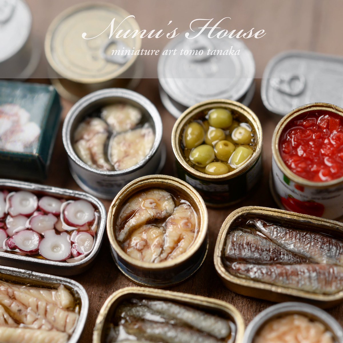 Nunu S House 田中智 ミニチュア缶にオリーブ トマト カット タコとかオイルサーディン 鯖の水煮と味噌煮 Tunaを 詰めました