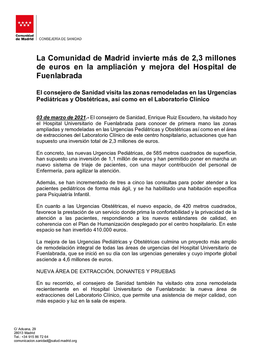 SaludMadrid's tweet photo. La @ComunidadMadrid invierte más de 2,3 millones de euros en la ampliación y mejora del Hospital de #Fuenlabrada

#sanidad #hospitales #Madrid https://t.co/JXy6h1eAMF