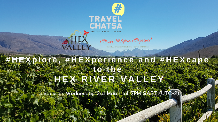 TravelChatSA's tweet photo. The excitement is big!
#HEXplore, #HEXperience and #HEXcape to Hex River Valley. Join #TravelChatSA conversation, 3rd of March at 7pm with our Special Co-Hosts @HexValley, @TipsyGypsy_SA and @swirlandspice. https://t.co/O0l4Ac88oB https://t.co/xDayEqrzCn