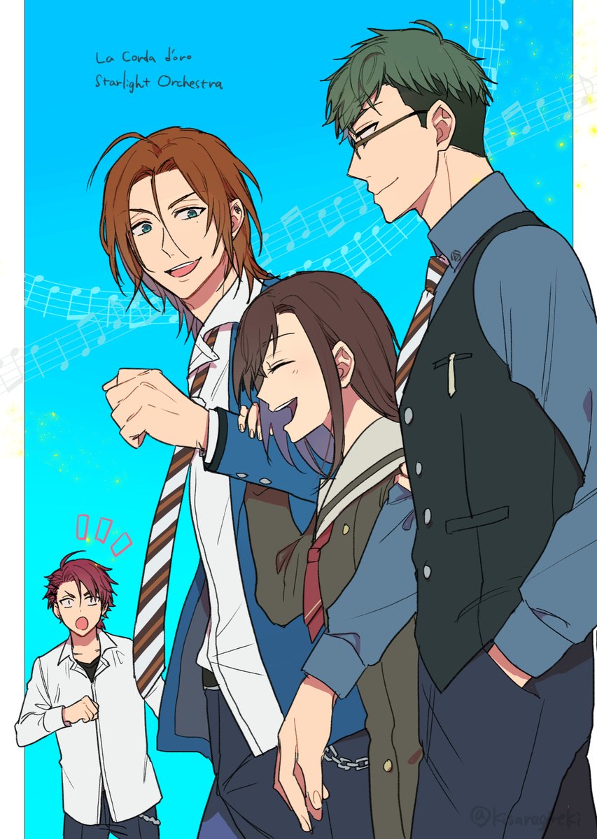 multiple boys 1girl necktie brown hair school uniform smile glasses  illustration images