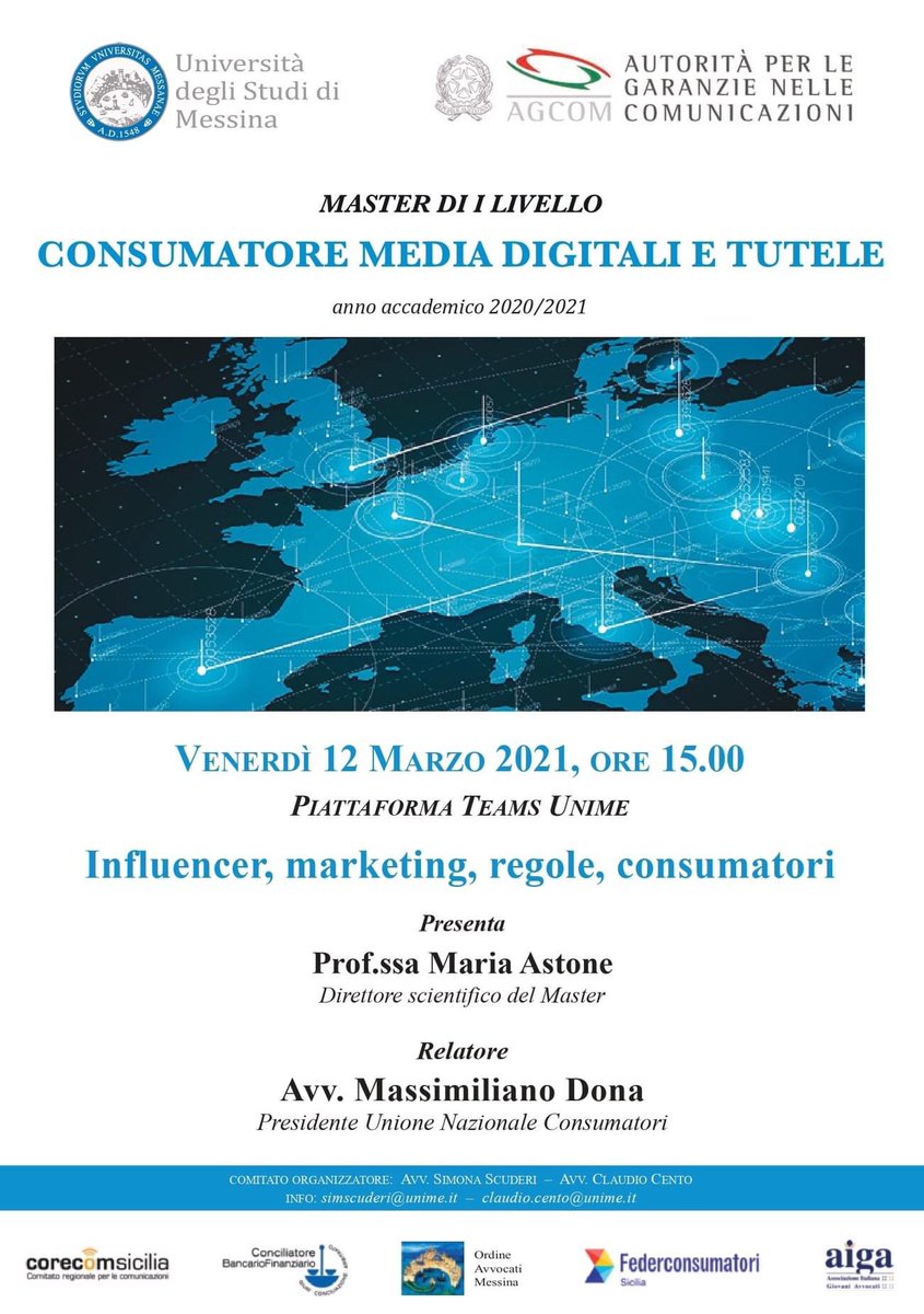 SiciliaCorecom's tweet photo. 'Influencer, marketing, regole, consumatori' tema dell'incontro organizzato nell'ambito del Master in 'Consumatori media digitali e tutele' dell’@unimessina con il patrocinio del #CorecomSicilia Presenta @mariaastone Relatore @massidona https://t.co/pd0biAX0Fl