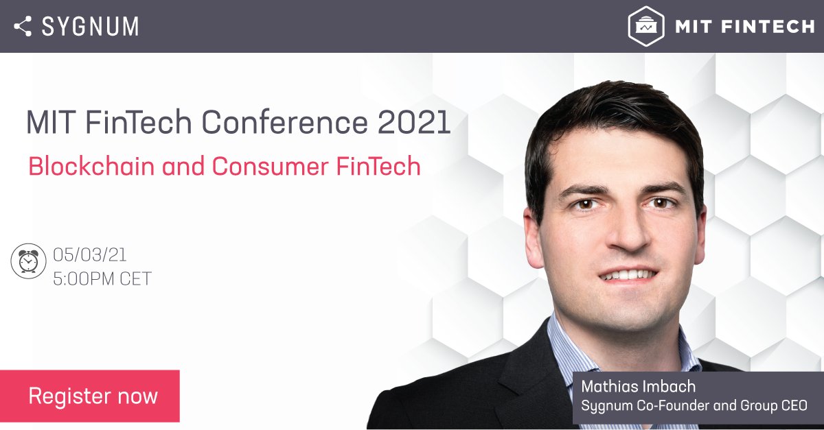 #SaveTheDate
Don't miss the MIT FinTech Festival happening this Friday, March 5 at 5PM CET. Sygnum’s Co-Founder and Group CEO, Mathias Imbach, will be discussing “Blockchain and Consumer FinTech” 
Register here: bit.ly/2PqE5p3
#Blockchain #Fintech #Bitcoin #Ethereum