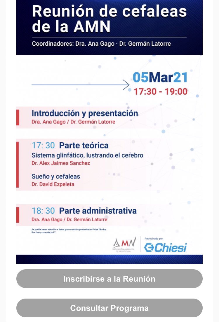 Este viernes 5 de Marzo, reunión de grupo de #cefaleas de la <a href="/AMNneuromadrid/">AMN</a>  con este evocador programa: lustrando el 🧠 y hablando de #sueños... con <a href="/davidezpeleta/">David Ezpeleta</a> #AnaGago y #AlexJaimesSanchez. Para inscribiros escribid a a.ramos@chiesi.com