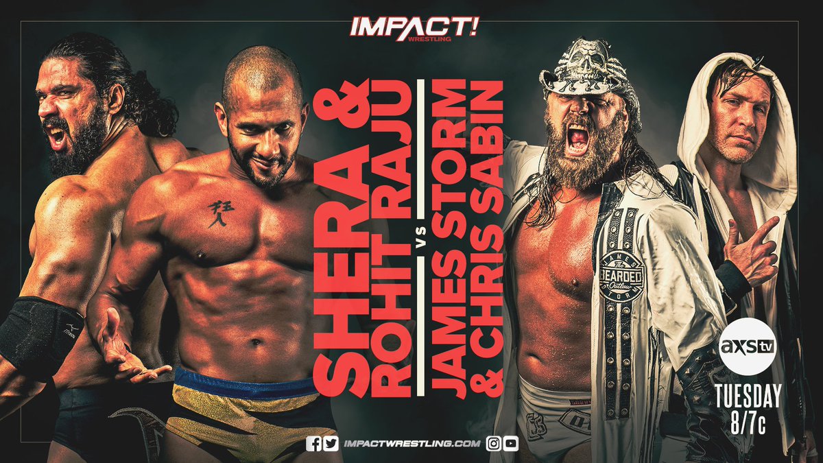 ThisIsTNA's tweet photo. TUESDAY at 8/7c on @AXSTV! 

@The_Ace_Austin vs. @DashingChrisBey 

Contract Signing for Juice Robinson and @THEdavidfinlay vs. @MachineGunKA and @The_BigLG 

@MahabaliShera and @HakimZane vs. @JamesStormBrand and @SuperChrisSabin 

#IMPACTonAXSTV https://t.co/siBDHEMAk5