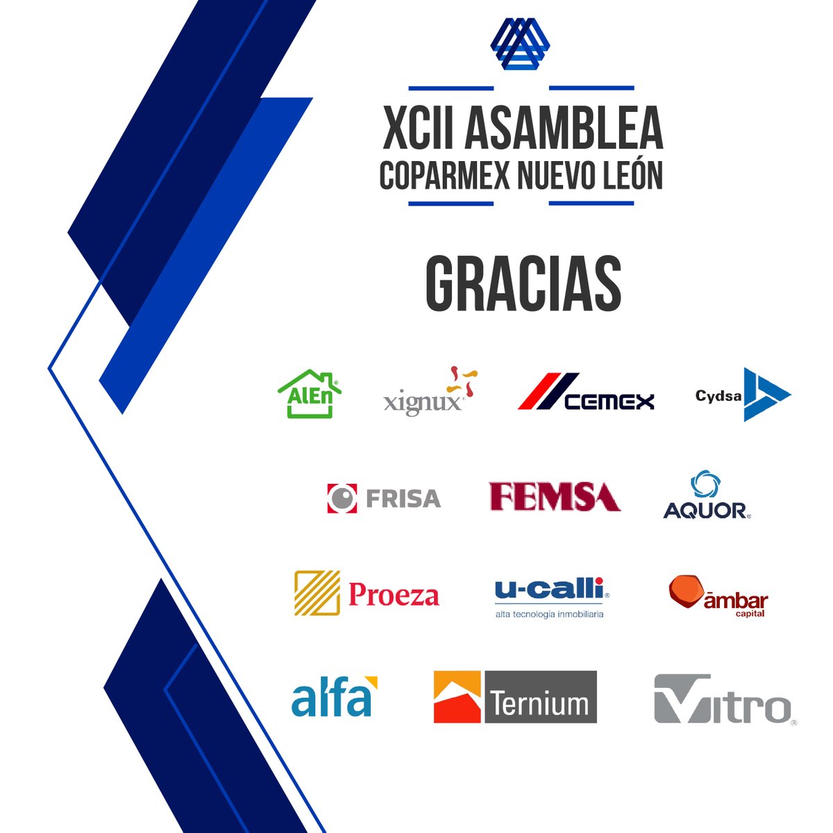 CoparmexNL's tweet photo. ¡Gracias a nuestros patrocinadores por hacer esta #Asamblea posible! Juntos somos más fuertes.
@GrupoAlEn @XignuxCorp @CEMEXMx #Cydsa #FRISA @FEMSA #AQUOR #Proeza @ucallimx #AmbarCapital @ALFA_MX @TerniumMexico #Vitro
👏🏽👏🏽👏🏽 https://t.co/ssaxr0PVwN