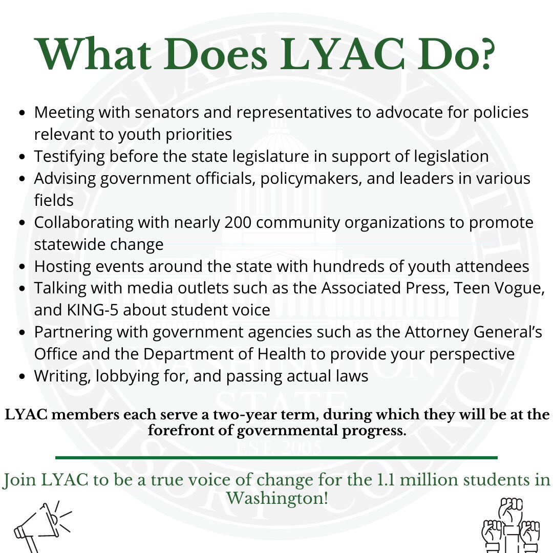 LYAC is currently accepting applications for the 2021-23 council! Click on the link in our bio to find the application. LYAC is an amazing opportunity to get involved in real government action and make your voice heard! Application deadline is March 31st.