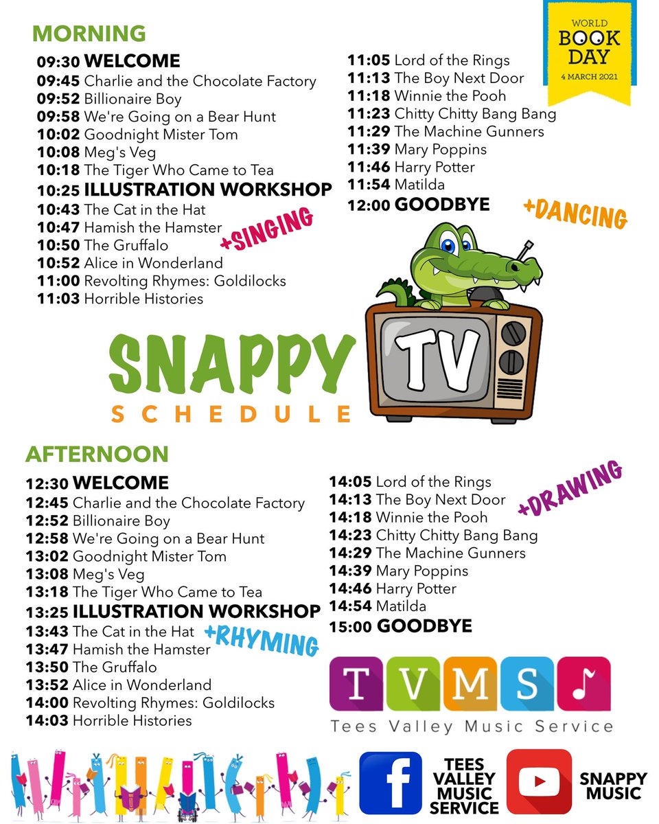 teesvalleymusic's tweet photo. SNAPPY TV SCHEDULE

Tomorrow we'll be broadcasting live to you from this page and from our Snappy Music YouTube Channel. Our morning session runs until 12:10 but don't worry if you miss any of it - we repeat the whole thing again at 12:30 and run until 3pm!

#WorldBookDay2021 https://t.co/yCcNxivJQi