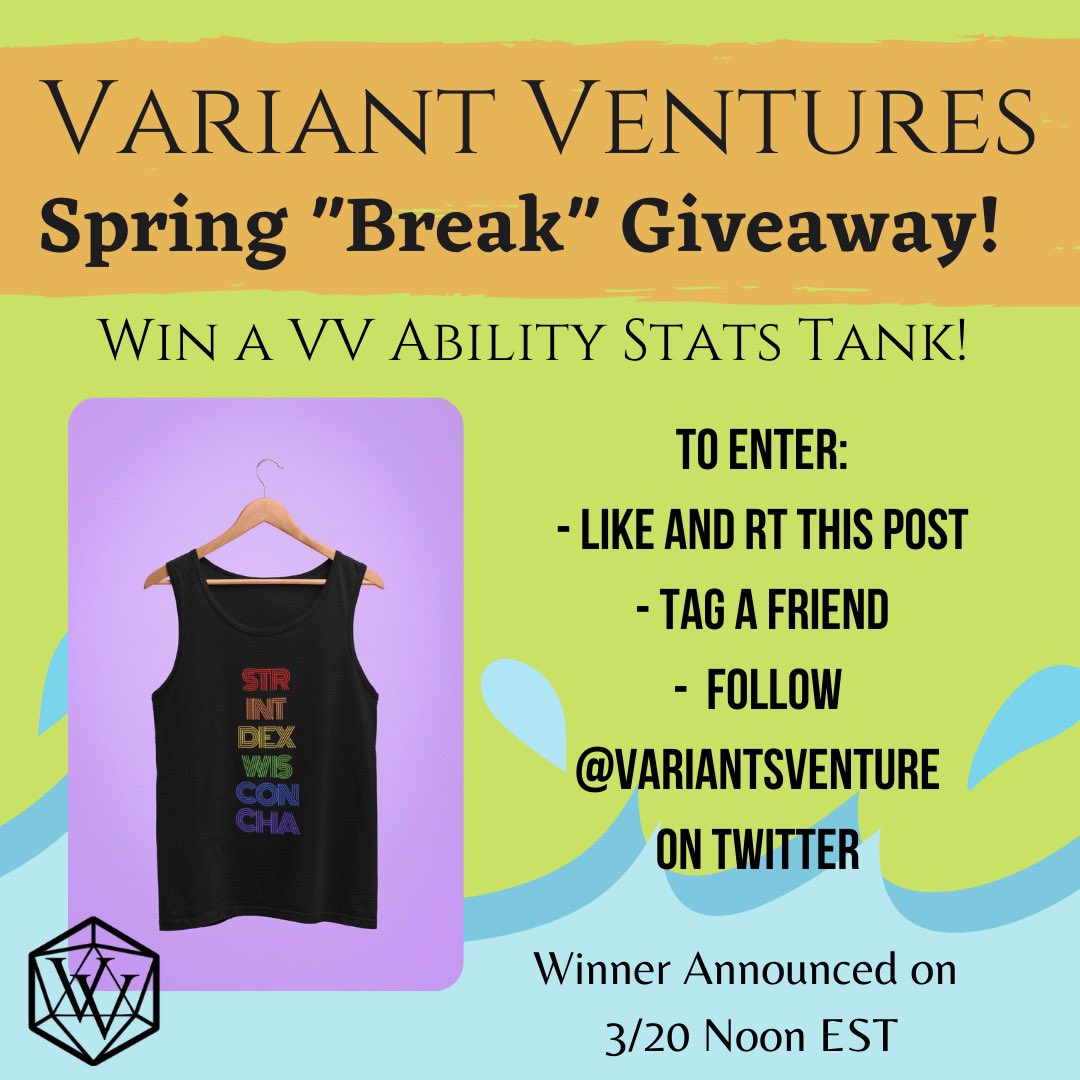 VariantsVenture's tweet photo. Thank you to everyone staying distanced for spring break! 

We wanted to share some joy with you! 

Like, RT, Follow and Tag A Friend to enter! 

Winner announced on 3/20 Noon EST. Open to US citizens only. 

#dnd #ttrpg #giveaway https://t.co/dpwZBeyipJ