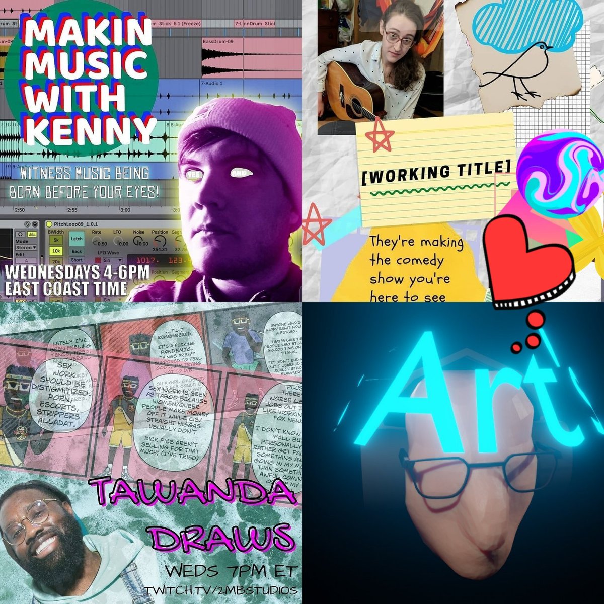 2MBStudios's tweet photo. Today:

4pm EST is a new tune from @kennygray3. 
6pm EST is a new pitch from @LyssaTBQH and @jokewitch. 
7pm EST is new webcomic from @TawandaGona. 
8pm EST is a new digital creation from @ProducerArthur. 
9pm EST are new jokes from @rajandelman.

We make: https://t.co/hA7wwarWEy https://t.co/RoJT1aGJF2