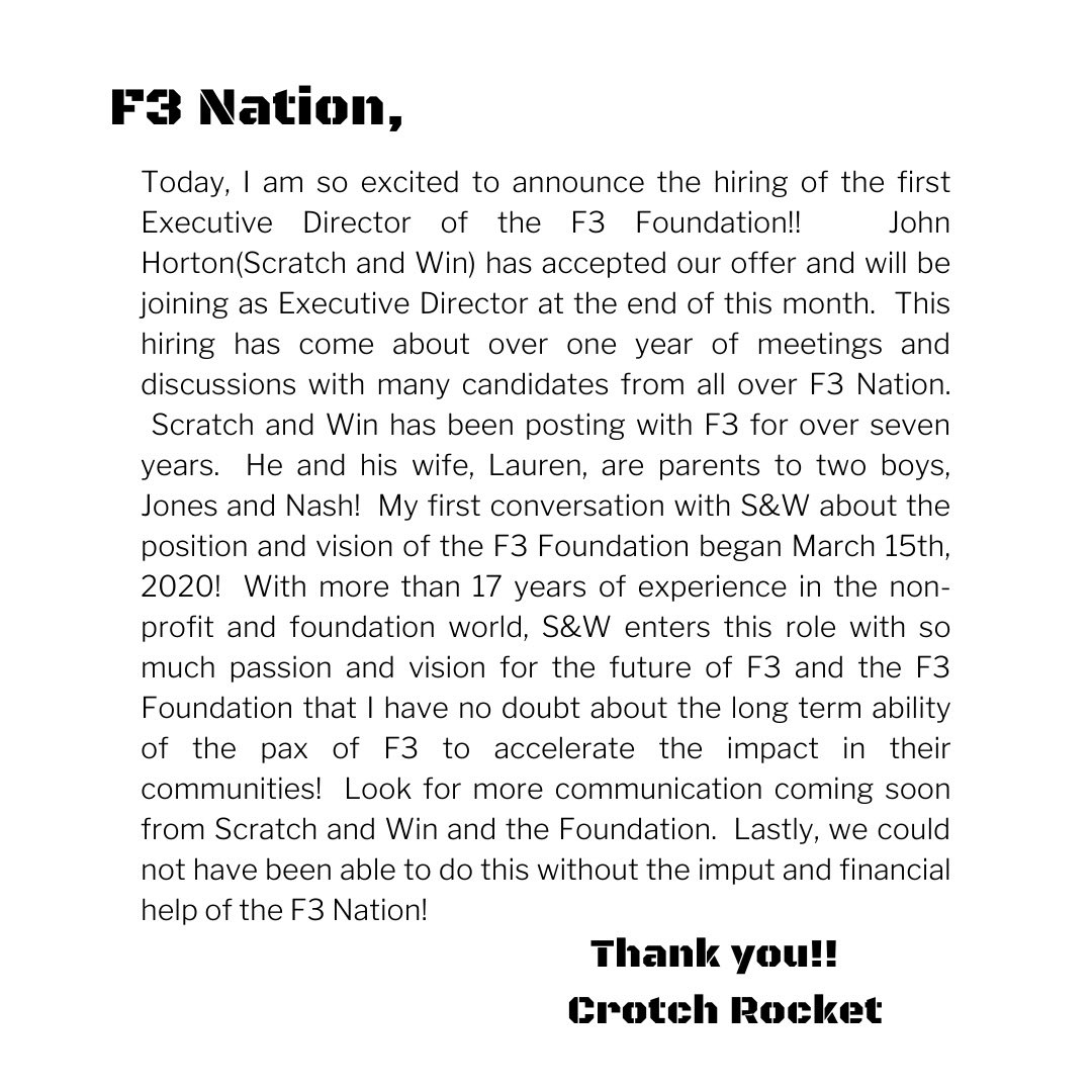 thef3foundation's tweet image. Big Announcement!!!!  The First Executive Director of @thef3foundation  @F3Nation @slaughterF3 @F3DOAH @F3Metro @DreddCNC @ScratchAndWinF3