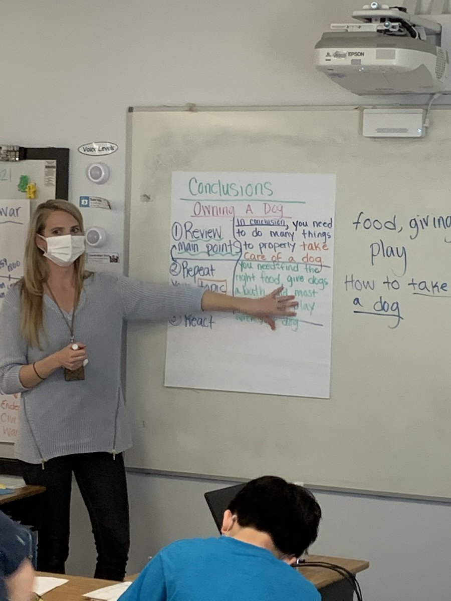 OCEEPrincipal's tweet photo. Spotted—Ms. Holcomb building an anchor chart with her students as they practice writing strong conclusions. A targeted lesson based on @Write_Score data. #ReviewRepeatReact #thewritework ✏️ 📓 https://t.co/UpxqRWKSOg