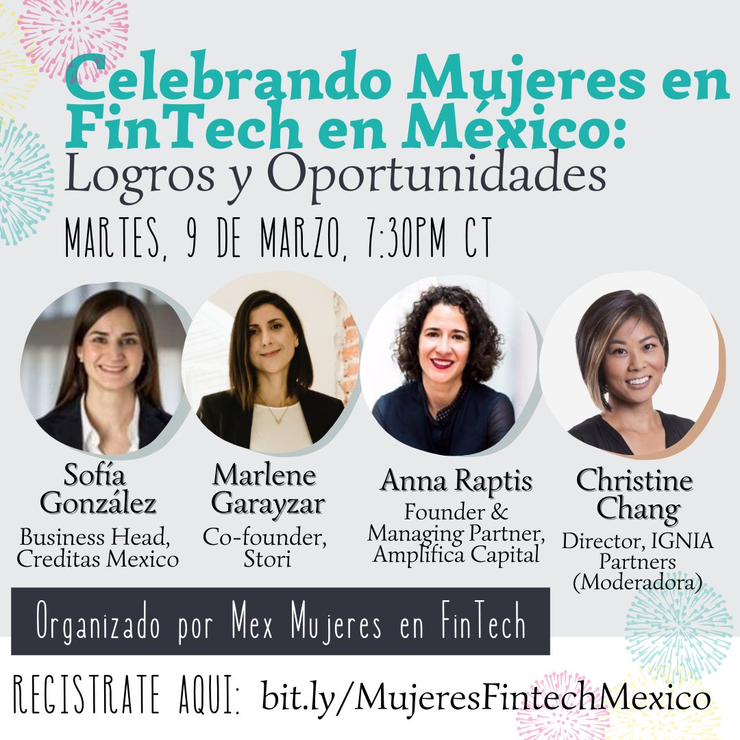 Te esperamos el martes, 9 de marzo, a las 7:30pm CT para celebrar los logros de #Mujeres en #FinTech en México con un panel extraordinario! Regístrate en bit.ly/MujeresFintech…! #MexMujeresFintech #8M2021