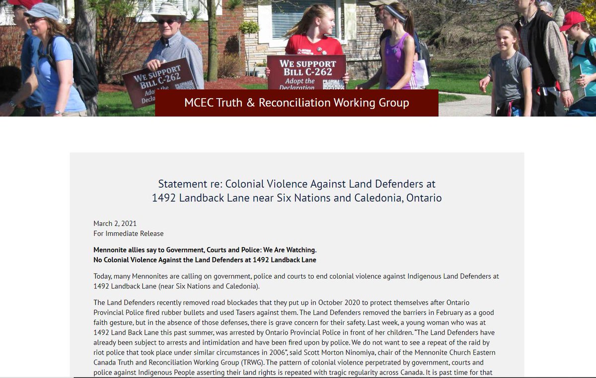 <a href="/extendthepeace/">MCEC</a>'s TRC Working Group calls on prov/fed govts to end violence against land defenders of <a href="/1492LBL/">#1492LandBackLane</a> near Six Nations and Caledonia, Ont. They've also sent letters to the PM, premier and police with 3 demands, committing to watch actions closely.
mcec.ca/programs/truth…