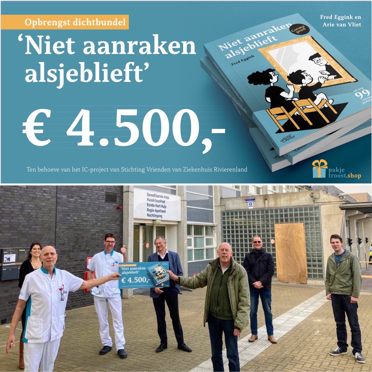 Vanmiddag mochten we “cheque” van € 4.500,= overhandigen aan delegatie <a href="/ZRivierenland/">Ziekenhuis Rivierenland</a> Tiel. Het bedrag, opbrengst verkoop van de bundel “Niet aanraken alsjeblieft” wordt door ziekenhuis besteed aan opfleuren en aankleden IC <a href="/regiofruitdelta/">FruitDelta</a> <a href="/gemeenteburen/">Gemeente Buren</a>
