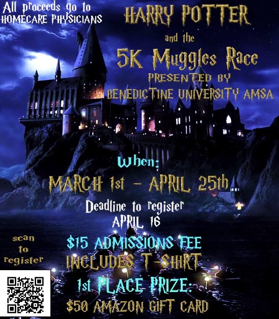 buamsa's tweet photo. Come join Benedictine AMSA's annual 5K! Harry Potter and the 5K Muggles’ Race!! You can complete it ANYWHERE on your OWN TIME from now until April 25. Admission is $15.00 and includes a t-shirt. Scan the QR code or click the link below to register
https://t.co/QnTuNUe81b https://t.co/RrgChyGVg4