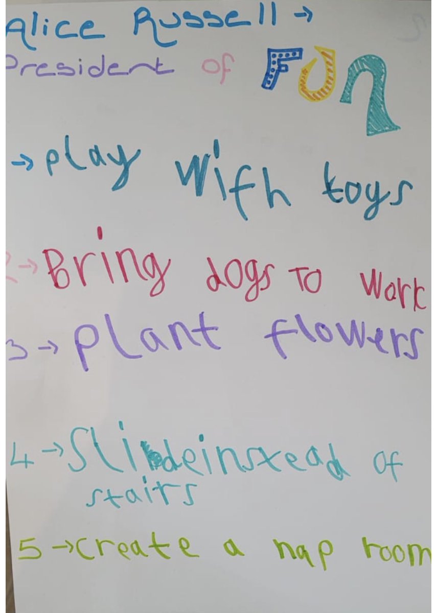 I was in a meeting this morning with a team member on MS Teams and her 5 year old daughter Alice wanted her attention. 

I paused the meeting to offer Alice an Interview and she’s now appointed as ‘President of Fun’. I asked her to devise a 5 point ‘Fun at Work’ action plan 🌟