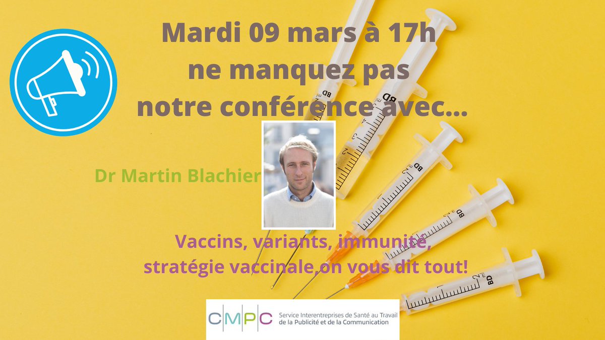 📣Inscrivez-vous vite au #Webinaire gratuit sur #vaccins #Variant #immunité avec @MartinBlachier mardi 09 mars à 17h, il reste encore des places !
Inscriptions et programme 👉bit.ly/3ehHCkb
avec @_SanteauTravail et @HSTSanteTravail
#SanteAuTravail #prevention #Covid_19