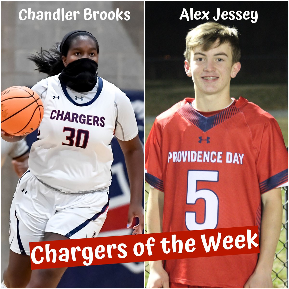 CHARGERS OF THE WEEK - Congratulations Chandler Brooks (Basketball) and Alex Jessey (Lacrosse) on being selected this week's Chargers of the Week. Read about their outstanding performances: bit.ly/3qdtWJh  #pdschargers
