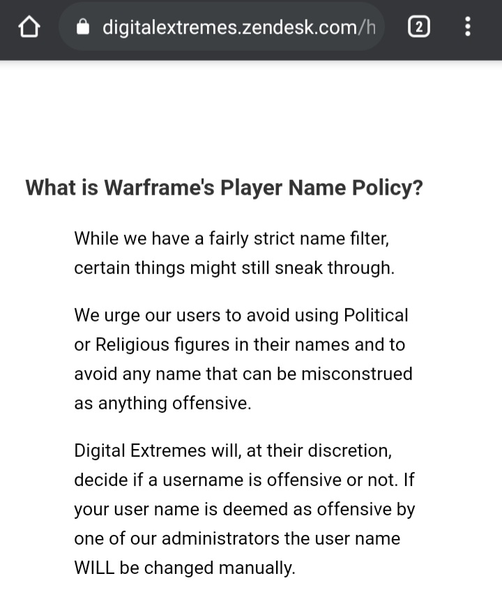 Rahetalius's tweet photo. Welcome to @PlayWarframe:

Where "player support" is so incompetent that they ban (not warn) a guy who's played since 2013 over an 'offensive username' despite having that name for 6+ years, ignoring THEIR OWN USERNAME POLICY and his willingness to just pay for a name change. https://t.co/krsggpFIhv