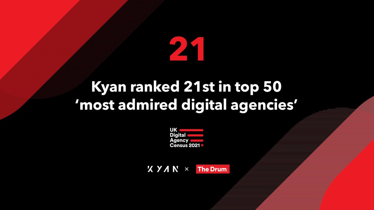 kyan's tweet photo. Kyan has been named one of the most respected agencies in the UK. Ranking 21st out of 50 impressive names in The Drum’s Digital Agency Census 2021! 🎉 https://t.co/JLIDrLUxTo