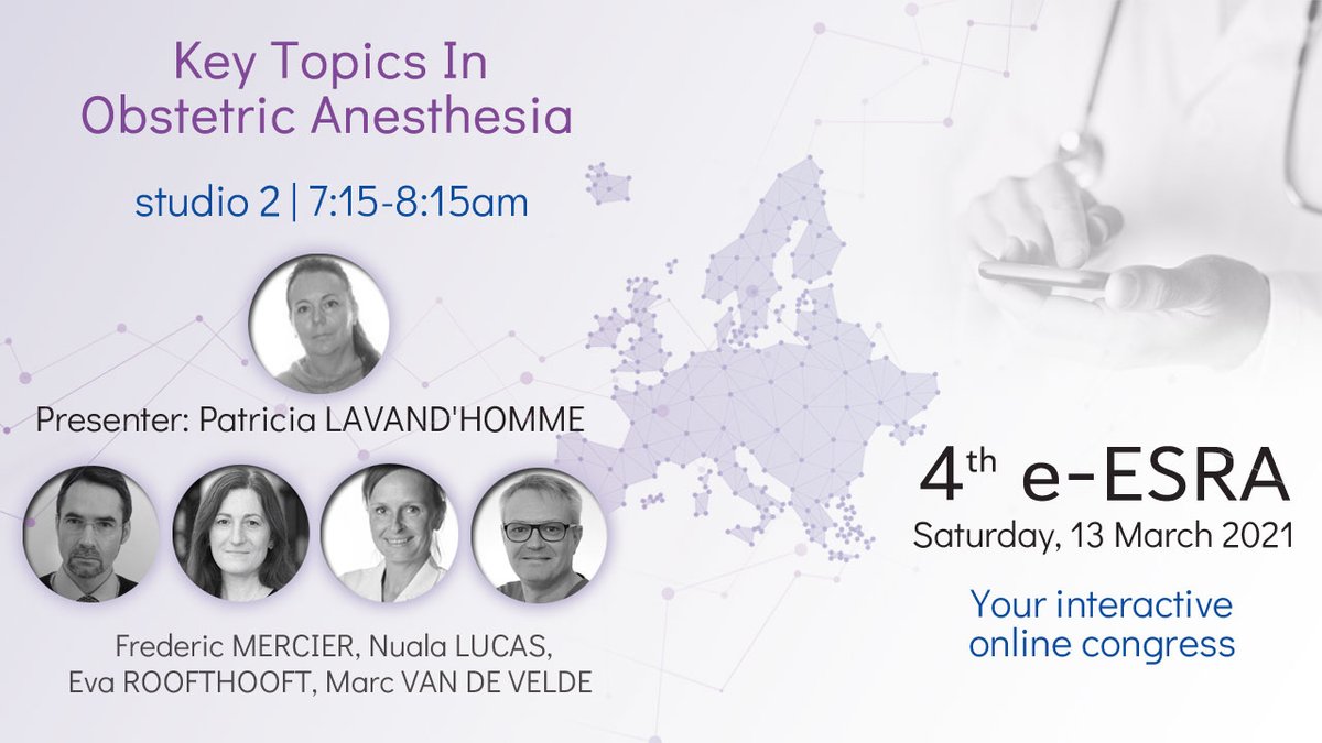 Key Topics In Obstetric Anesthesia #eESRA2021
Saturday 13th March | Studio 2 | 7:15-8:15am
👥 Presented by Patricia Lavand'homme with Frédéric Mercier, Nuala Lucas, Eva Roofthooft, Marc Van de Velde
👉 esra.e-congres.com
✅ FREE for MEMBERS