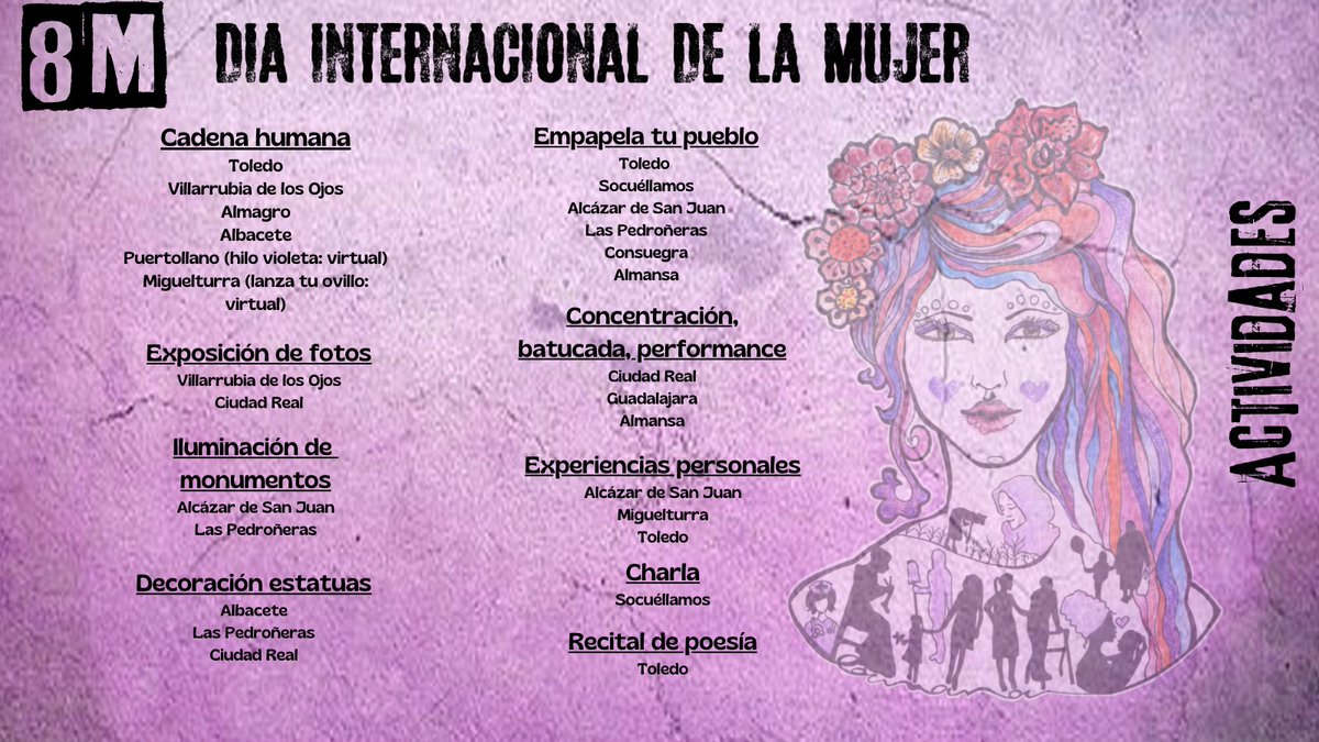 ClmFeministas's tweet photo. Ya puedes ver  las actividades que en toda la región las feministas hemos preparado este #8M. Únete al #AplausoFeminista, #CuelgaTuMandil en el balcón y participa en las actividades. #EmpapelaTuPuebloCLM #IluminaVioletaCLM #CadenaFeministaCLM #ConOjosDeMujerCLM https://t.co/kyqMJxArIP